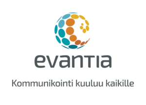 Evantian logo on pallo, jonka sisällä on turkooseja, oransseja ja keltaisia palloja sekä teksti: Evantia - kommunikointi kuuluu kaikille.