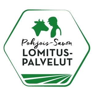 Pohjois-Savon lomituspalveluiden logossa on lehmän ja sen hoitajan vihreä silhuettikuva selä teksti: Pohjoi-Savon lomituspalvelut.